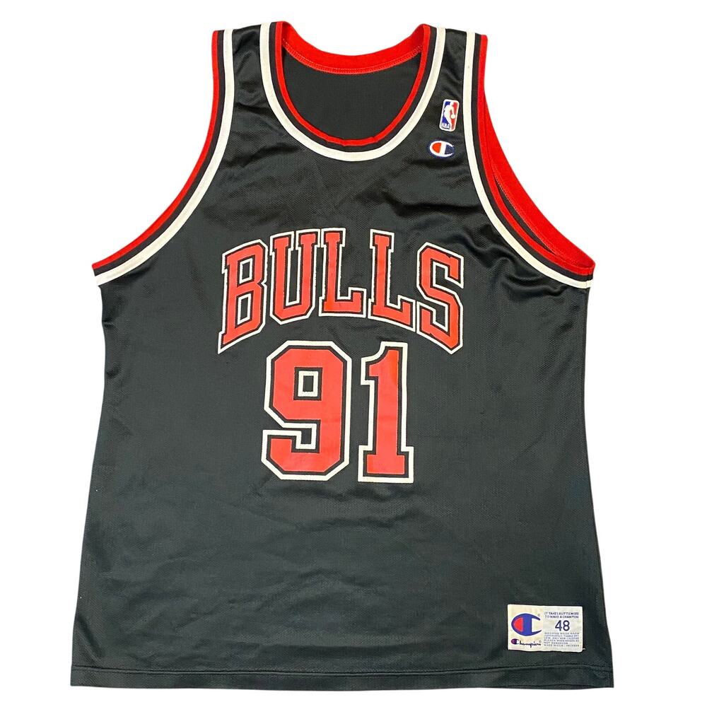 Vintage Dennis Rodman Chicago Bulls Champion Jersey Mens 48 (XL) Black #91 NBA